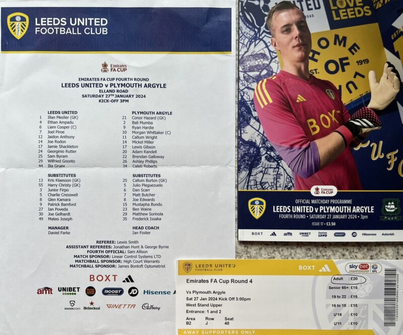 2023/24: Leeds United v Plymouth Argyle (27/01/24) Programme, Team Sheet, Ticket for sale on Ebay