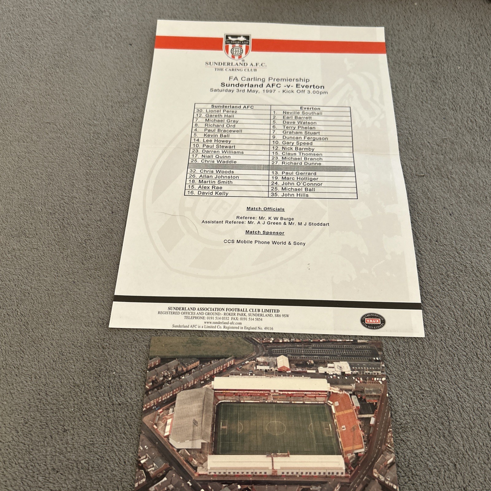 TEAM SHEET  SUNDERLAND VS. EVERTON. 1997  LAST EVER  LGE GAME PLAYED AT ROKER  for sale on Ebay