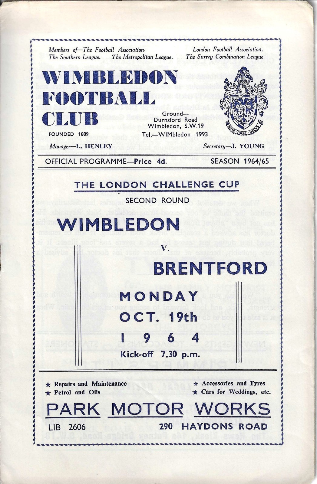 64/65 WIMBLEDON V BRENTFORD (LONDON CHALLENGE  CUP ROUND 2) for sale on Ebay