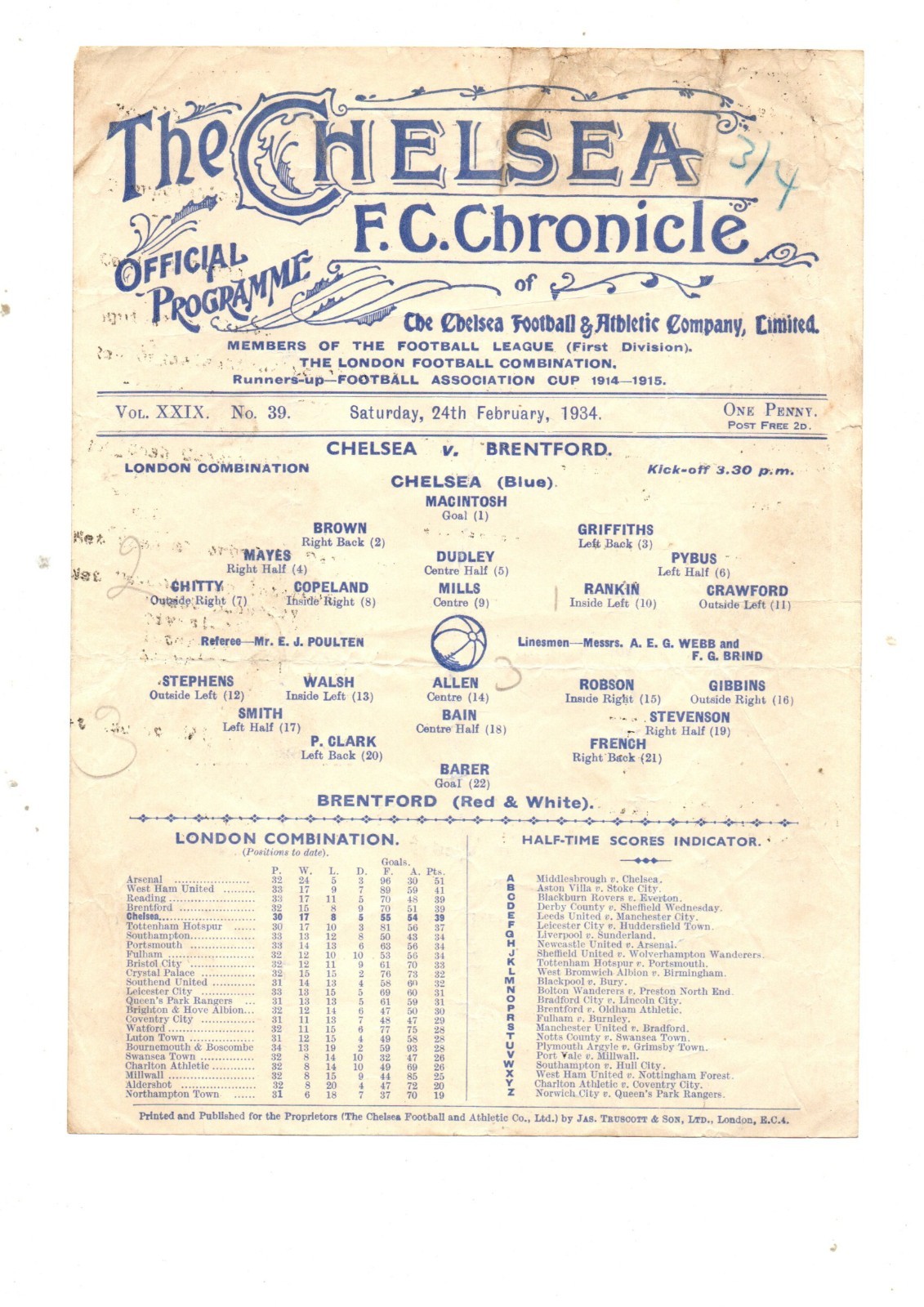 Chelsea Res v Brentford Res 1933 - 1934 for sale on Ebay