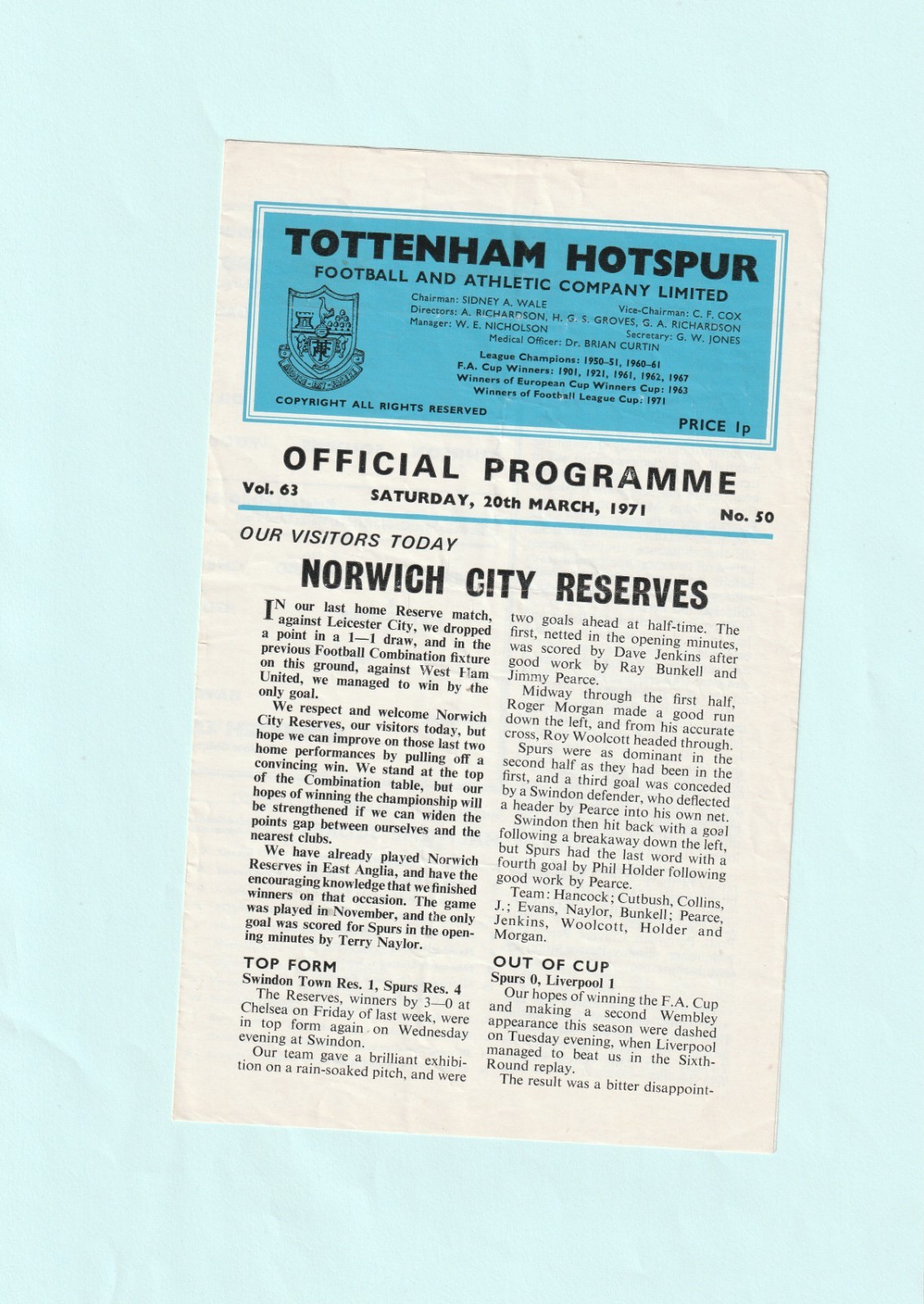 1970-1971 FOOTBALL COMBINATION : TOTTENHAM / SPURS v NORWICH CITY RESERVES for sale on Ebay