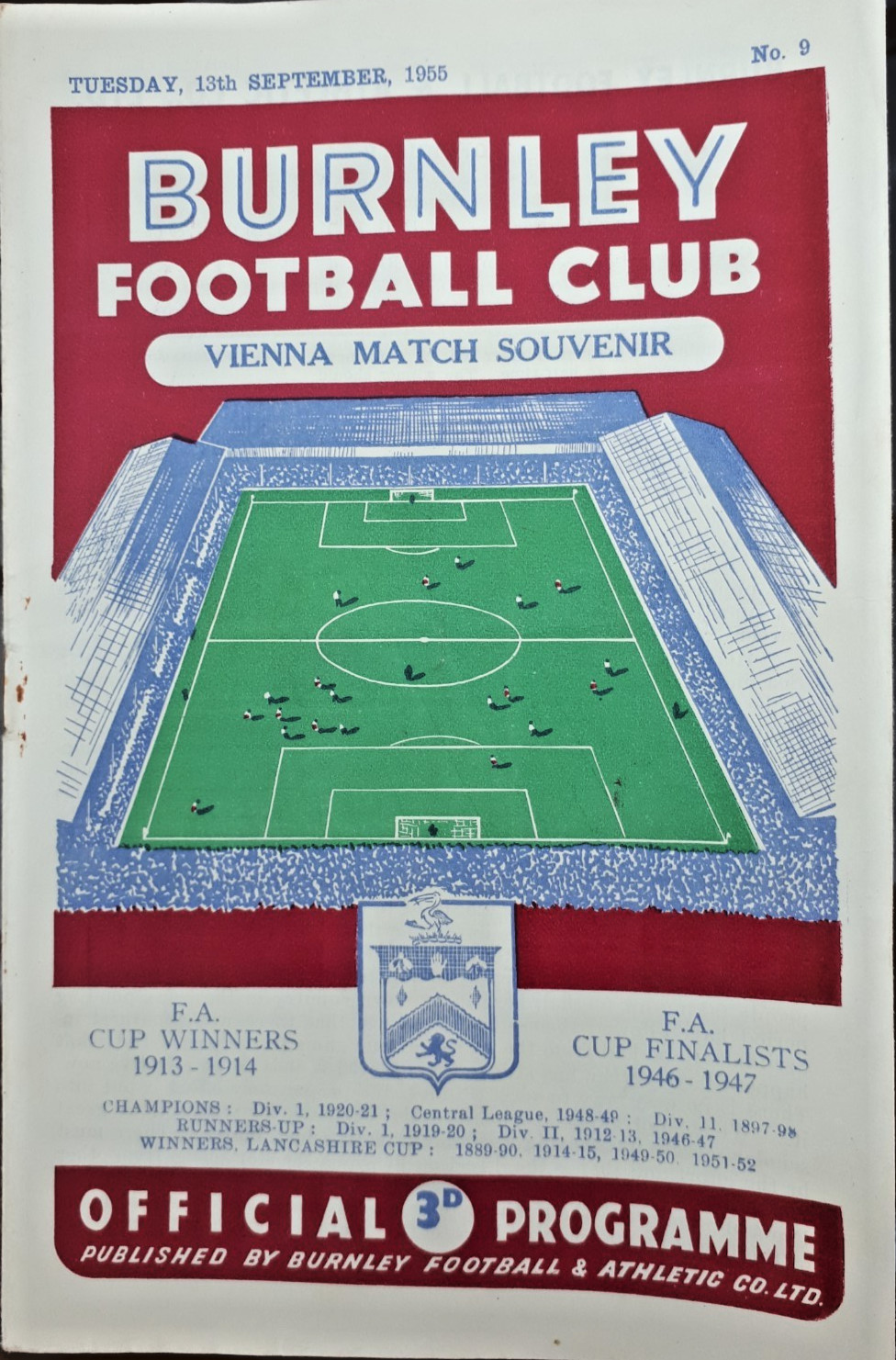Burnley v First Vienna programme 1955/56 FRIENDLY for sale on Ebay