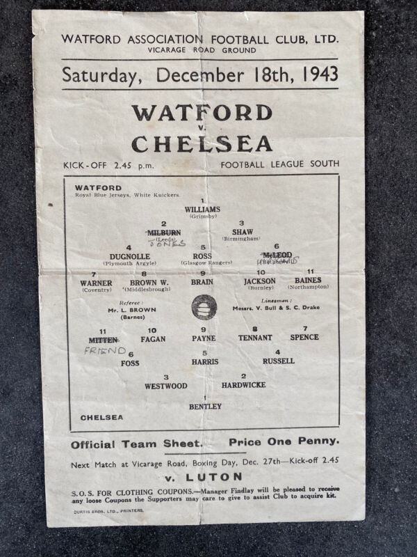 43/4 Watford v Chelsea : FOOTBALL LEAGUE SOUTH  ~ single-sheet for sale on Ebay