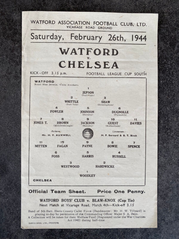 43/4 Watford v Chelsea : FOOTBALL LEAGUE CUP SOUTH  ~ single-sheet for sale on Ebay